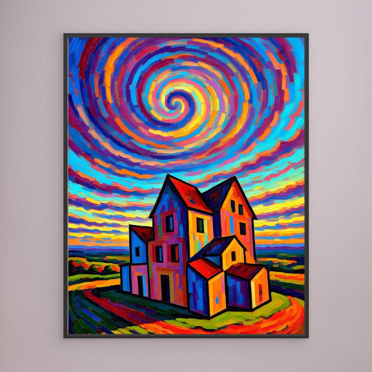 Framed wall art with colorful swirling sky and multi-color houses, black frame