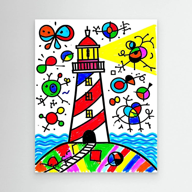 Abstract lighthouse wall art with bright colors, red-and-black tower, yellow sky, blue waves