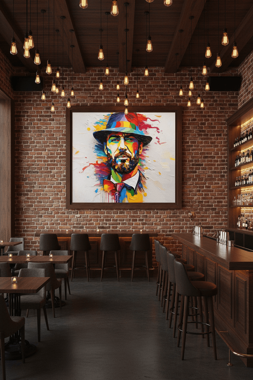 Framed colorful abstract portrait of a bearded man with a colorful hat