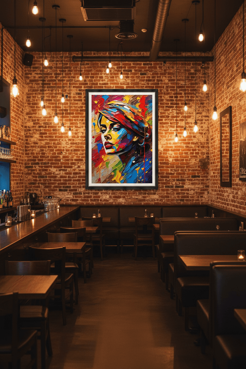 Framed abstract portrait print featuring a colorful woman face with dynamic paint splashes