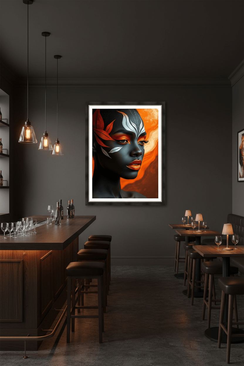 Framed portrait artwork of stylized dark face with teal markings, red accents on orange