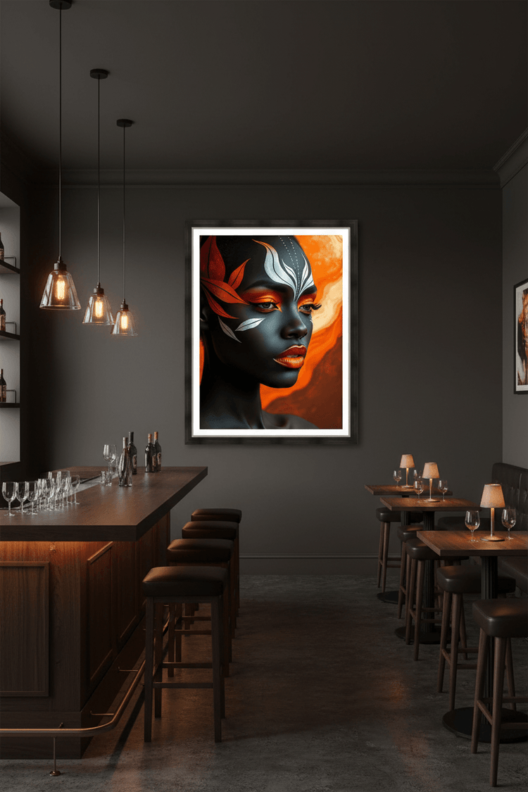 Framed portrait artwork of stylized dark face with teal markings, red accents on orange