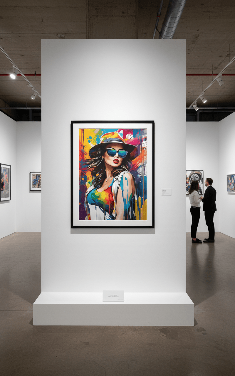 Framed pop-art portrait artwork on display, woman in hat and blue sunglasses