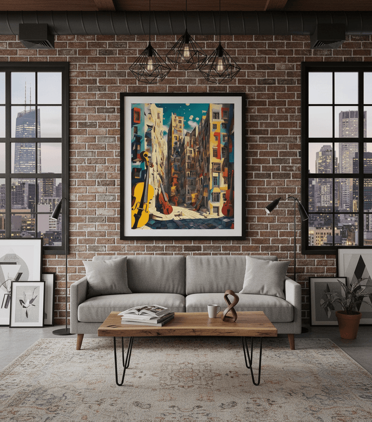 Framed wall art print of a colorful surreal cityscape with yellow guitars