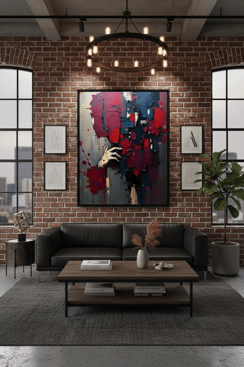 Framed abstract hand wall art with red and blue textured paint splashes