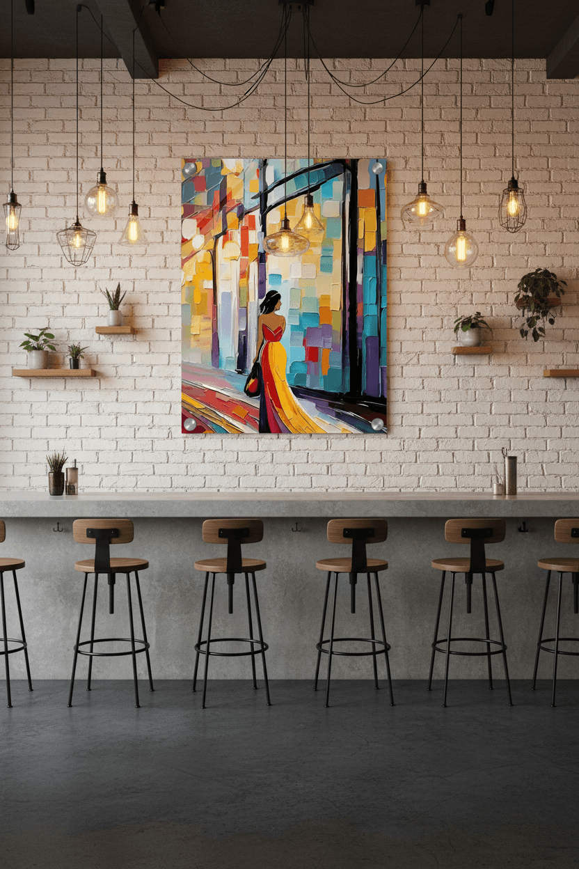 Colorful city figurative wall art with woman in red top and yellow dress framed by tall buildings