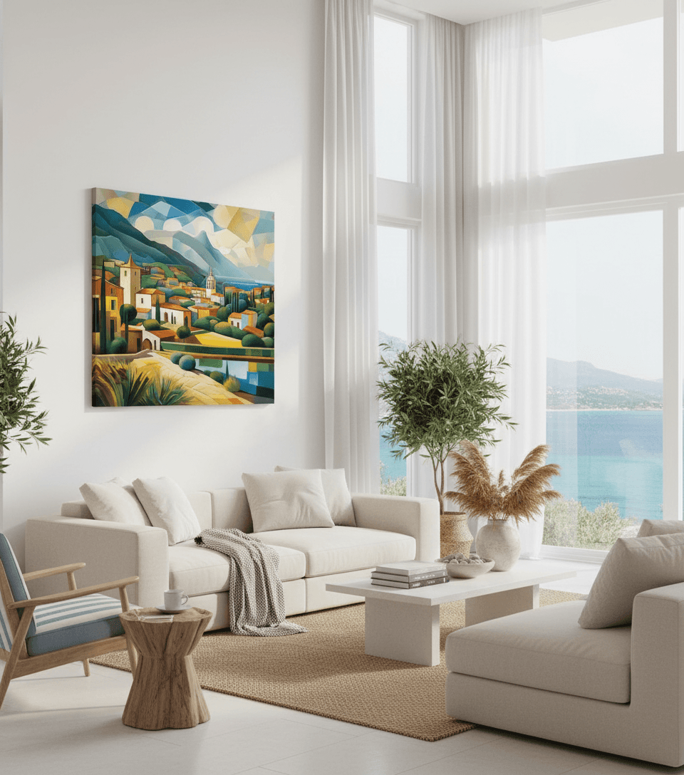 Black-framed geometric cubist Mediterranean landscape wall art print with town, hills, and lake