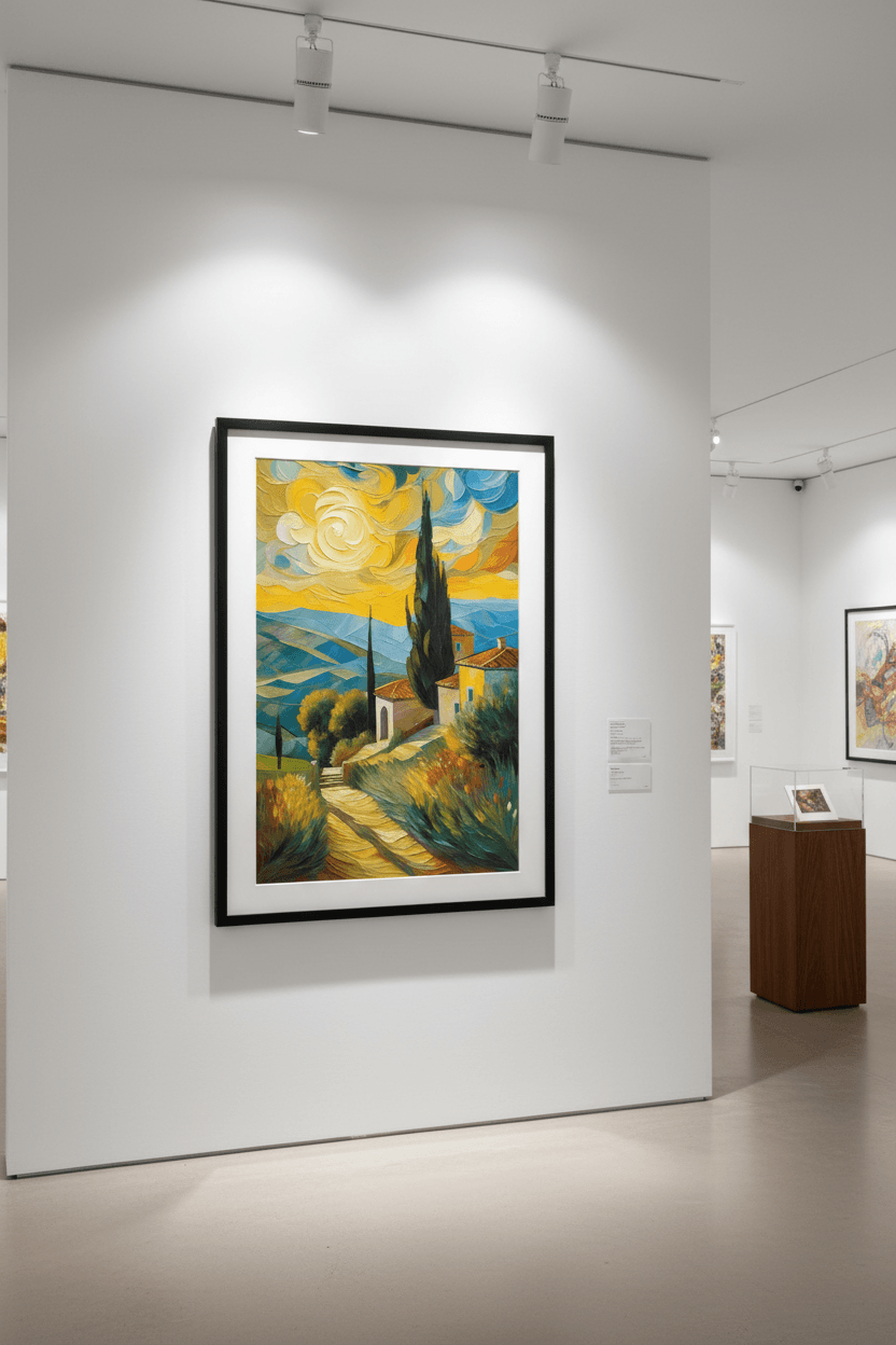 Framed impressionist landscape print with path, tall cypress tree, houses, and swirling clouds
