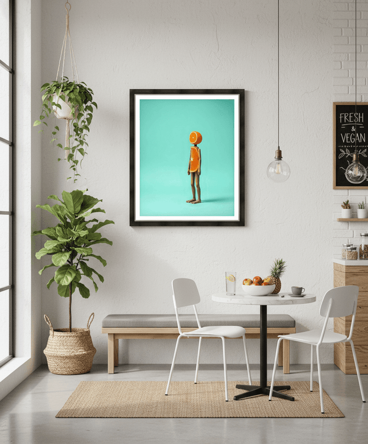Framed wall art print featuring orange standing character on teal background