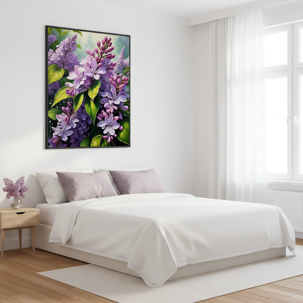 Vibrant Dew-Kissed Lilacs Bedroom Mockup