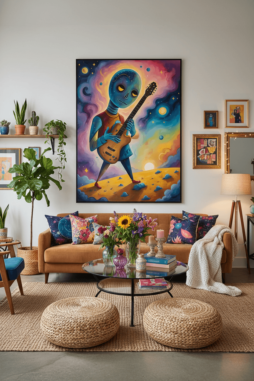 Surreal framed artwork showing a blue alien guitarist with a brown electric guitar on a planet