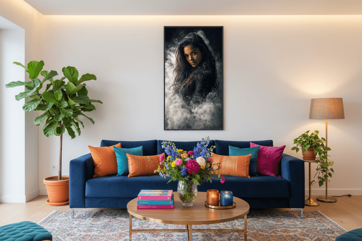 Framed wall art portrait of a woman with long dark hair and swirling haze