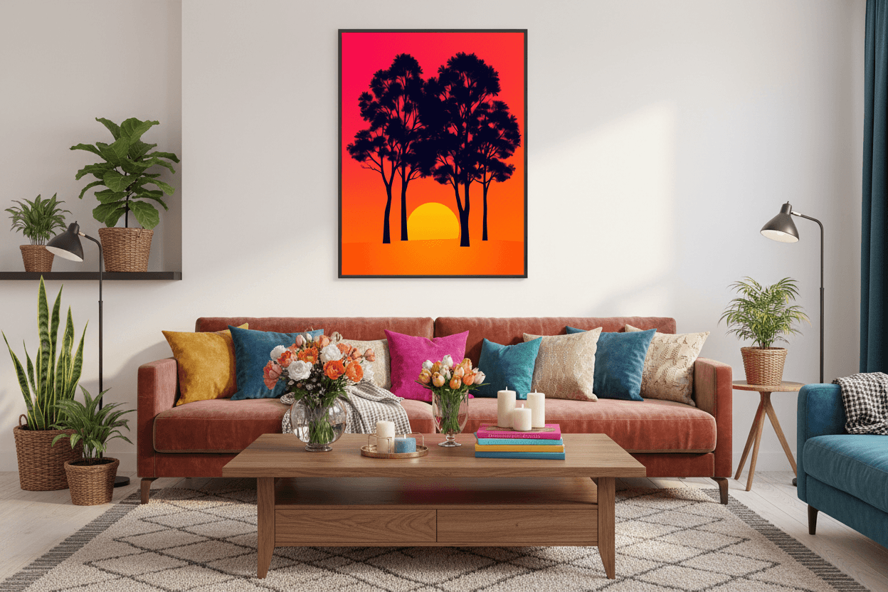 Framed tree silhouette wall art with red-orange sky and yellow sun, dark outer frame