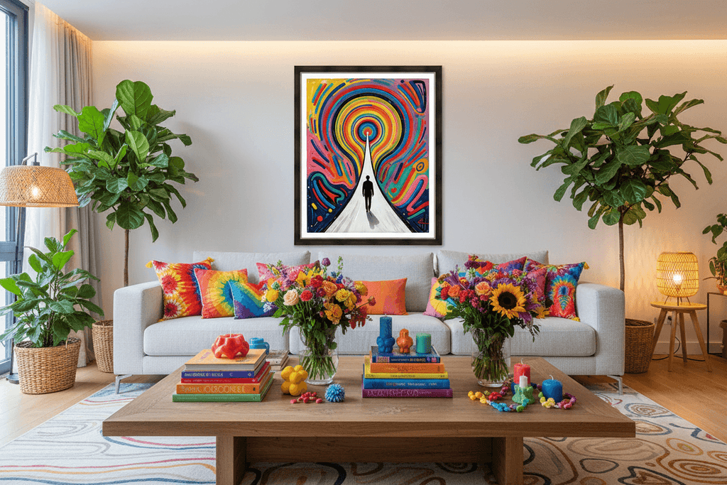Rainbow vortex framed artwork above a sofa, showing a tunnel of concentric swirls and figure