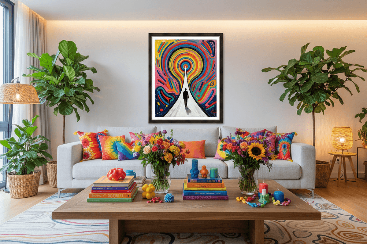 Rainbow vortex framed artwork above a sofa, showing a tunnel of concentric swirls and figure