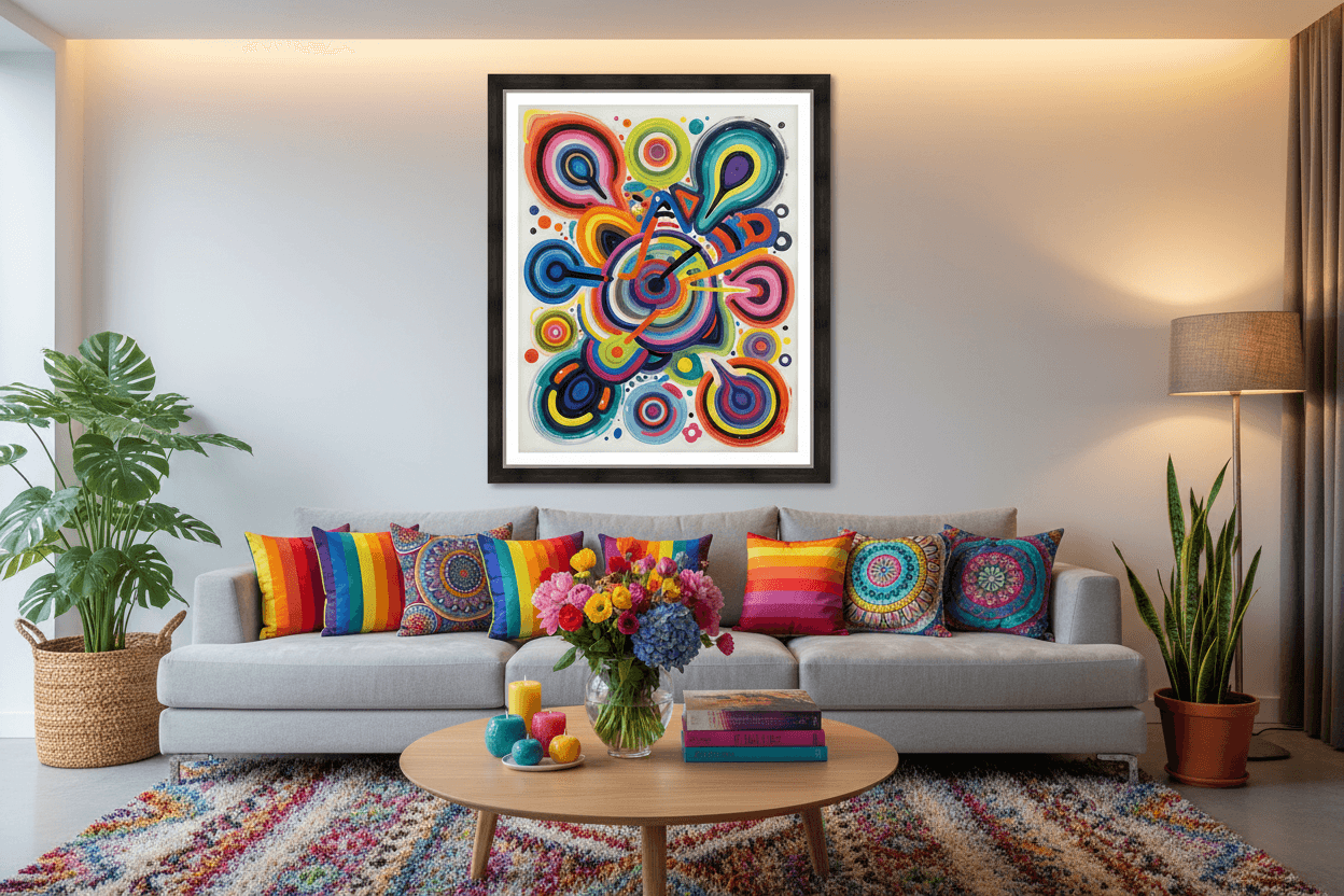 Framed abstract wall art showing multicolor circular swirl patterns