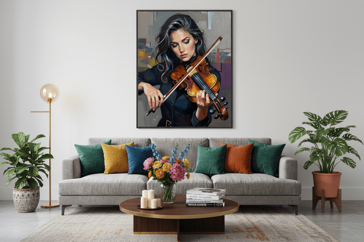 Framed print of young woman playing violin, long dark hair holding an orange-brown violin