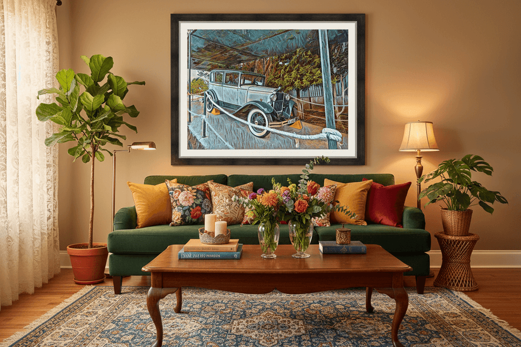 Framed vintage car wall art above green couch with colorful floral pillows