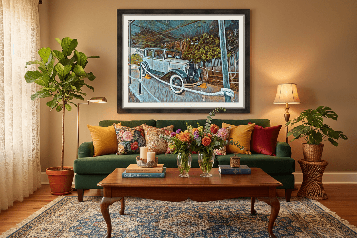 Framed vintage car wall art above green couch with colorful floral pillows