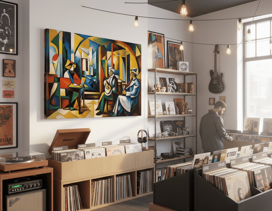 Cubist-style wall art print with two robed figures, tall columns, and vibrant shapes