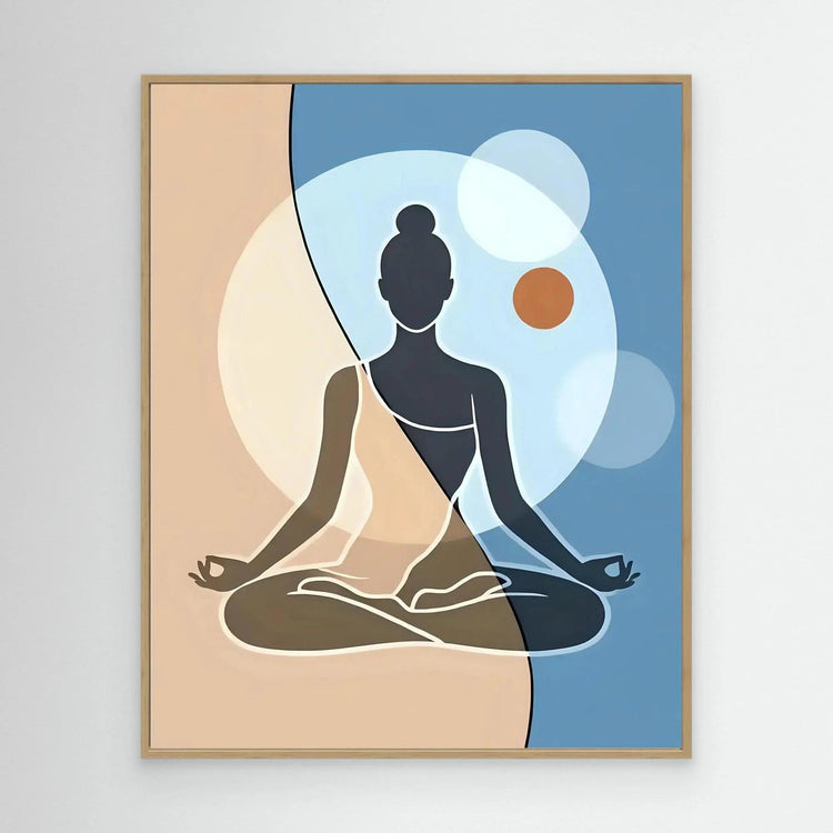 Gold-framed wall art with seated female meditation silhouette on blue and beige abstract background