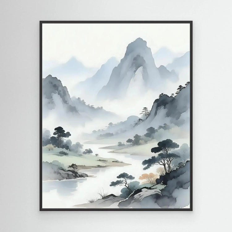 Misty mountain landscape wall art with dark frame, misty peaks, trees, and river.