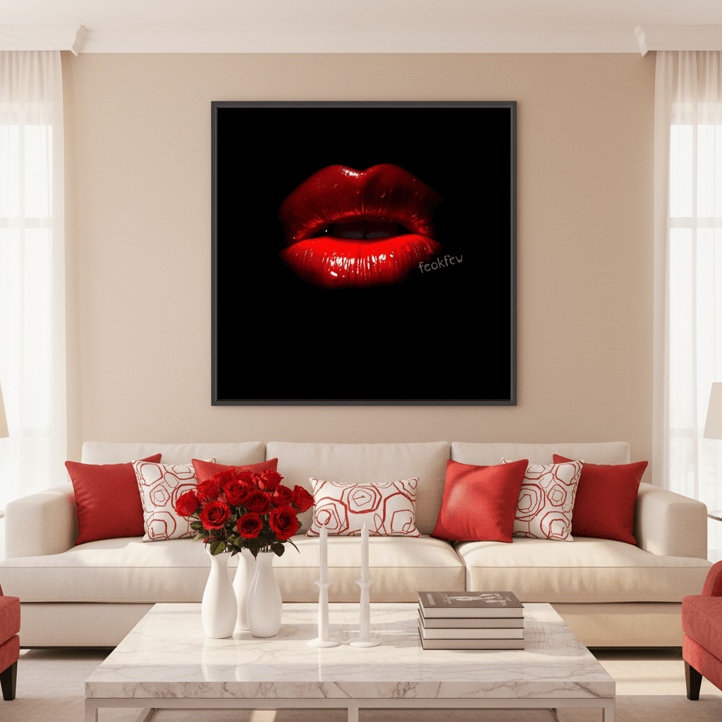 Framed wall art featuring glossy red lips on black background, dark frame