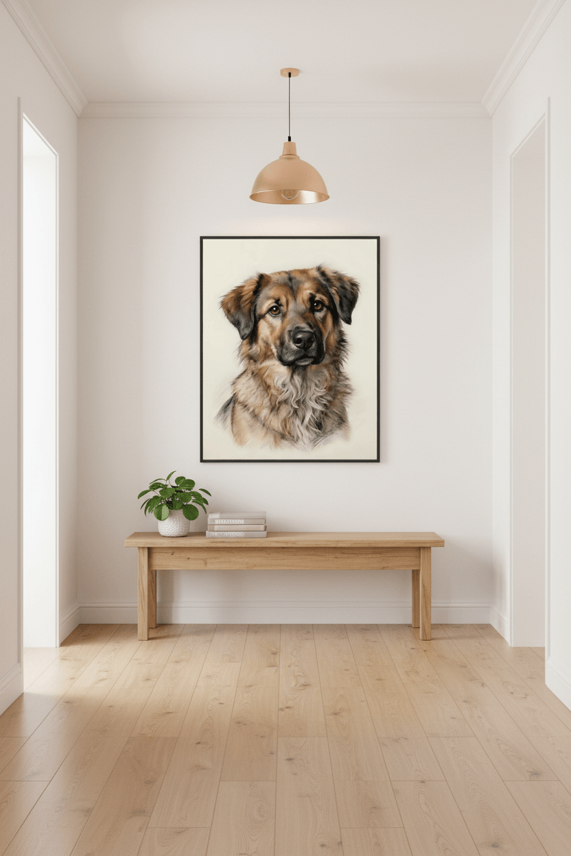 Framed dog portrait print featuring fluffy tan-and-gray dog face, black frame.