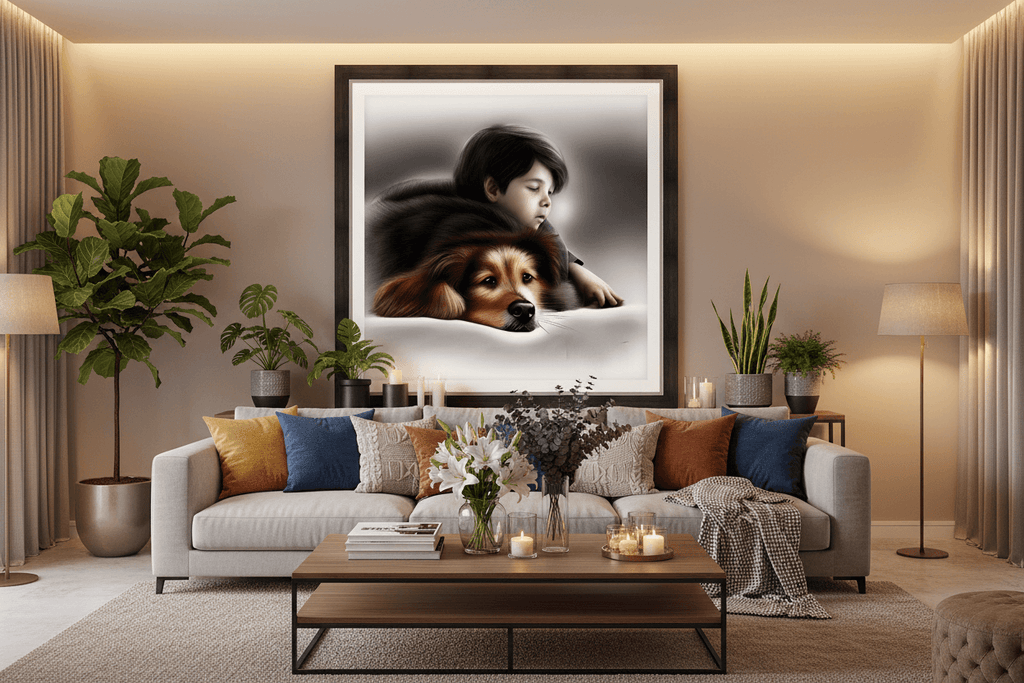 Framed wall art of a child cuddling a brown-and-black dog, muted gray gradient