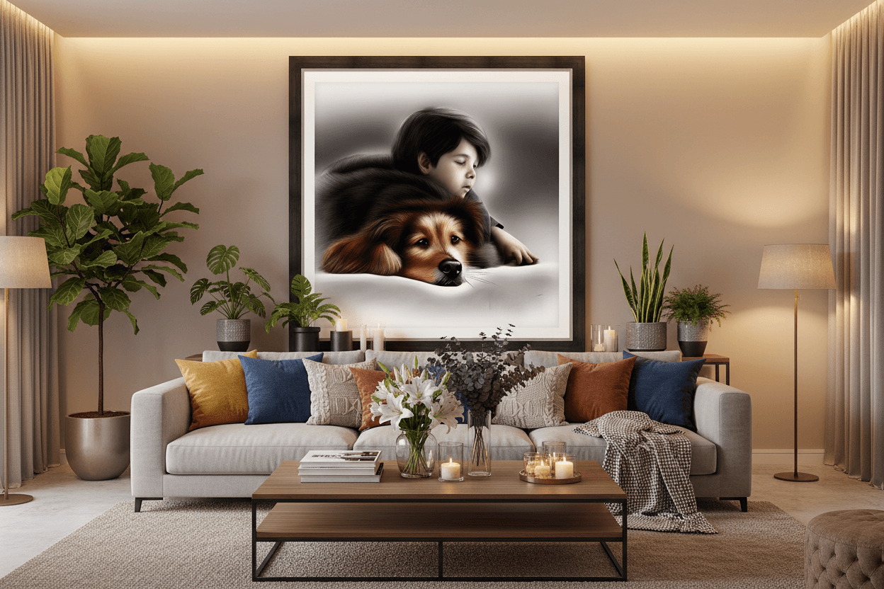 Framed wall art of a child cuddling a brown-and-black dog, muted gray gradient