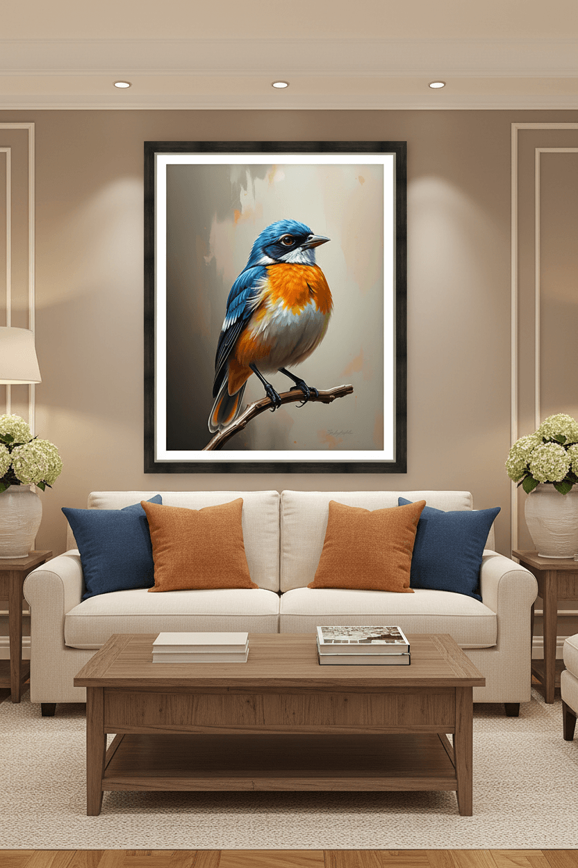 Framed blue and orange bird portrait wall art with white mat, on a branch