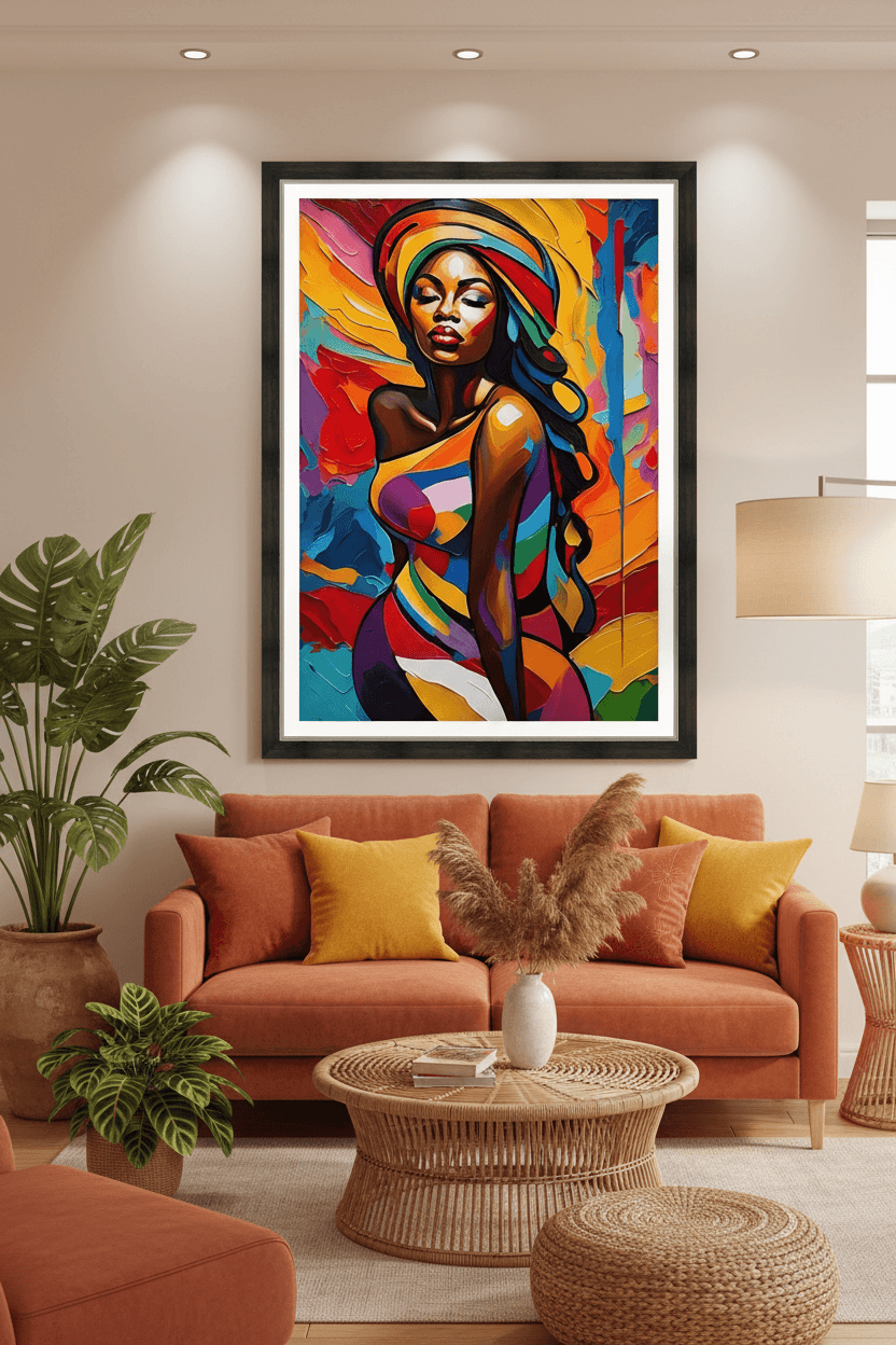 Framed abstract portrait of a woman in vibrant colors