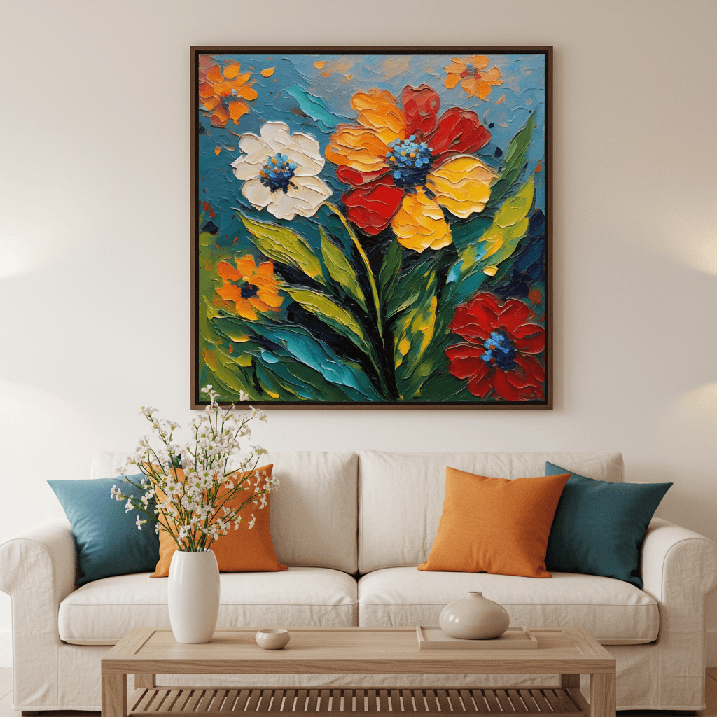 Framed impasto floral artwork featuring multicolor bouquet with orange, red, yellow and white blooms