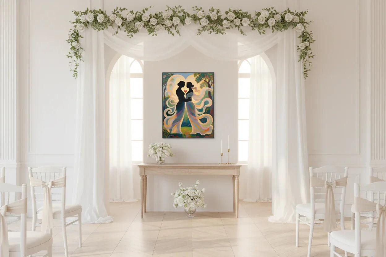 Framed couple silhouette wall art with red heart, swirling multicolor gowns