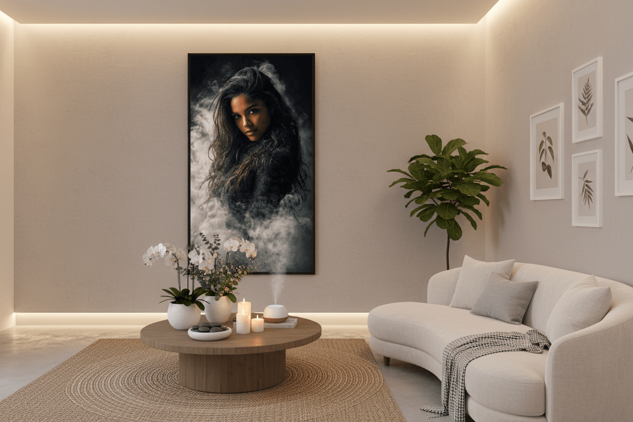 Framed wall art portrait of a woman with long dark hair, smoky gray haze