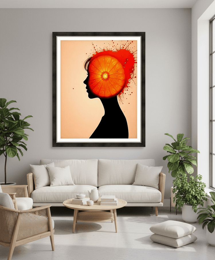 Framed orange-red abstract head portrait with glowing circular center and paint splatter