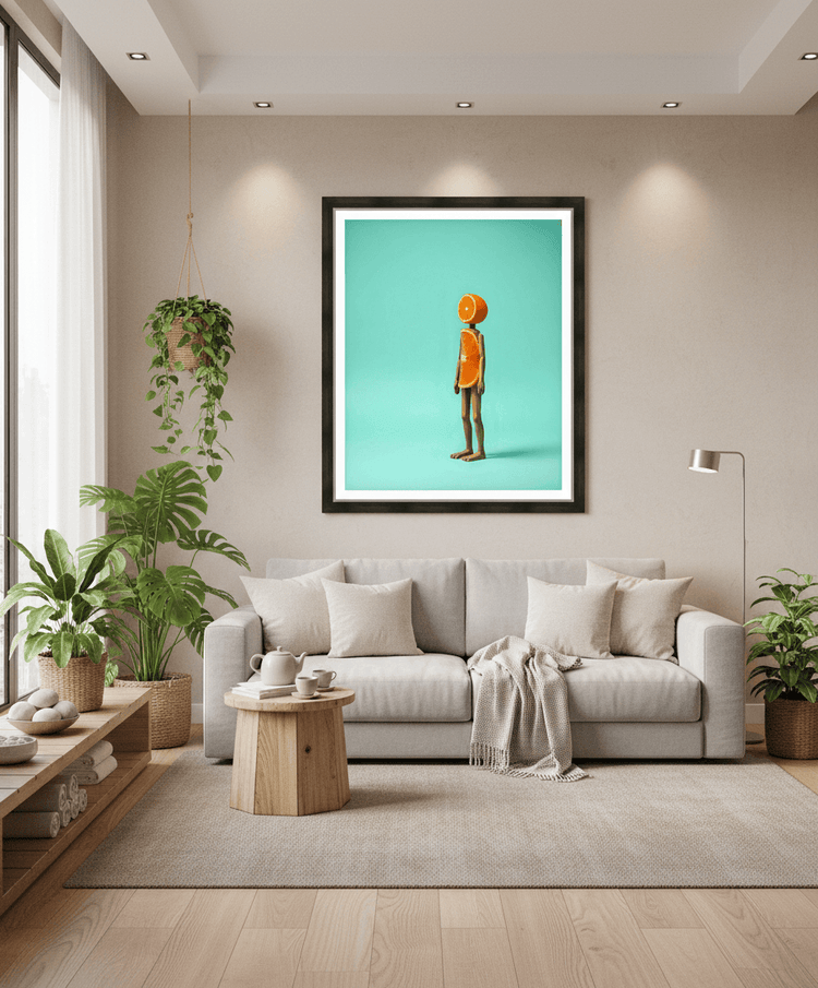 Framed wall art print of orange standing figure on teal background