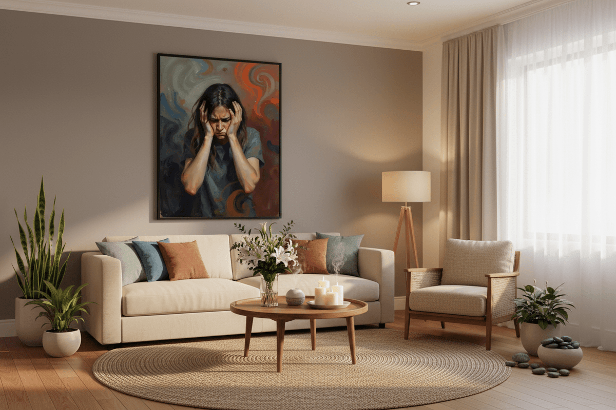 Black-framed wall art portrait of a woman holding her head, dark hair and swirling colors.