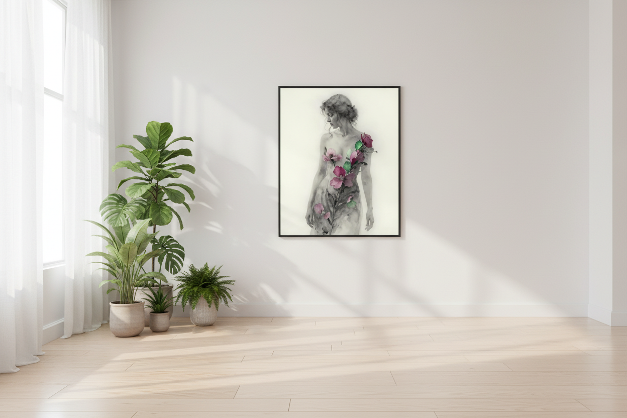 Black-framed floral body art portrait of a woman in side profile, pink and green flowers