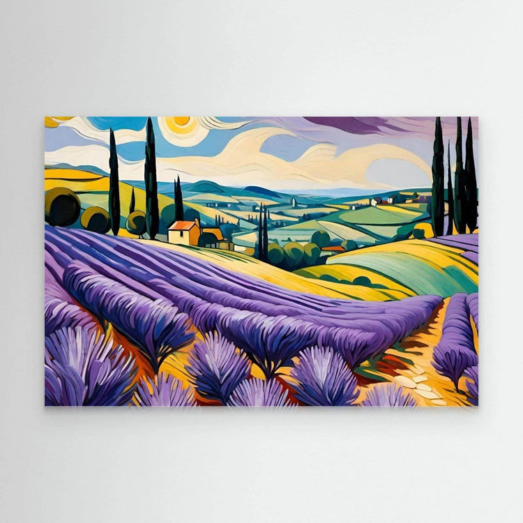 Lavender field wall art print with rolling purple rows and distant countryside