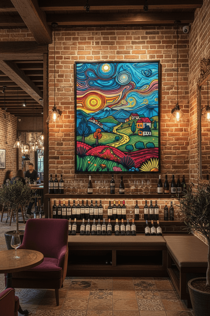 Framed abstract landscape artwork with blue swirls, yellow sun, and colorful village houses.