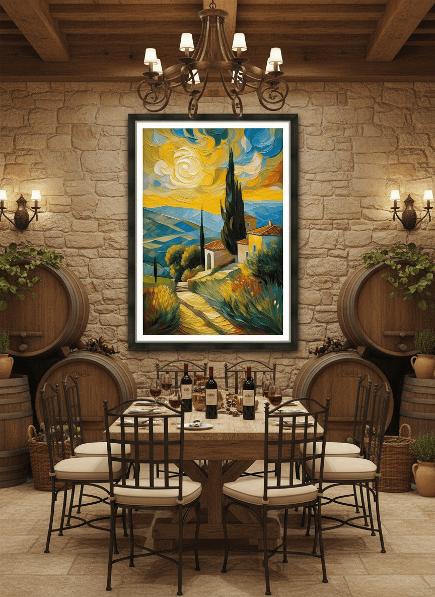 Framed landscape wall art with winding path, cypress spire, houses, and bright sky clouds