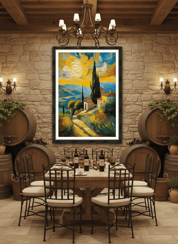 Framed landscape wall art with winding path, cypress spire, houses, and bright sky clouds