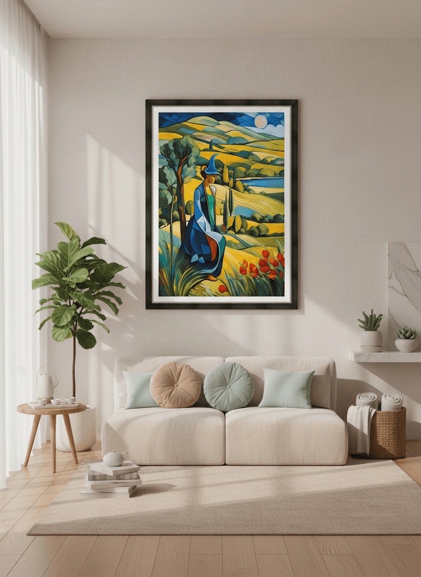 Framed vertical art print showing a blue-robed figure in a colorful countryside vista