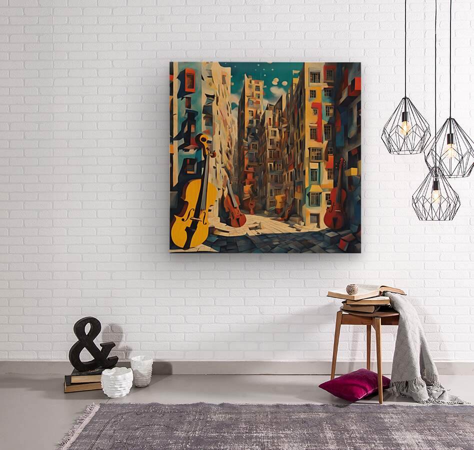 Square wall art print with colorful buildings, yellow bass, and red cellos