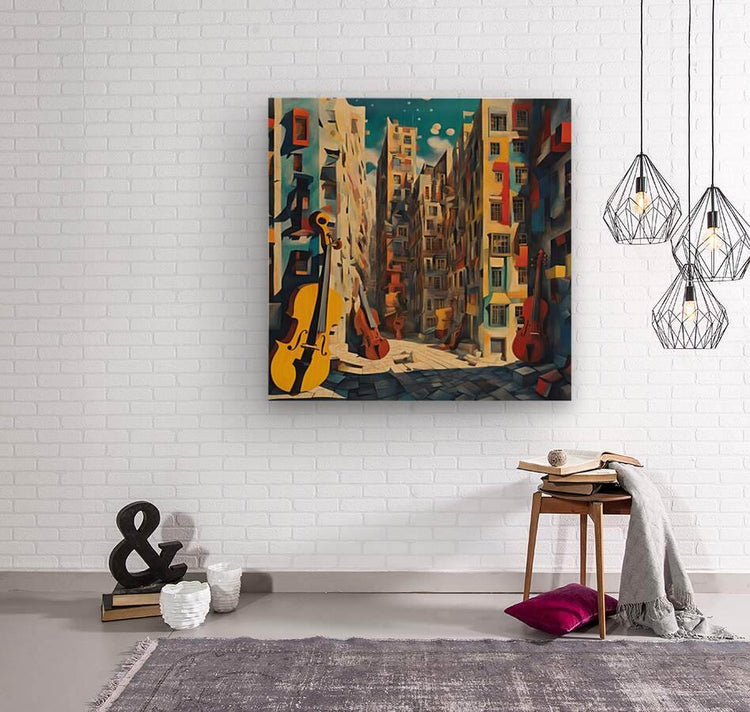 Square wall art print with colorful buildings, yellow bass, and red cellos