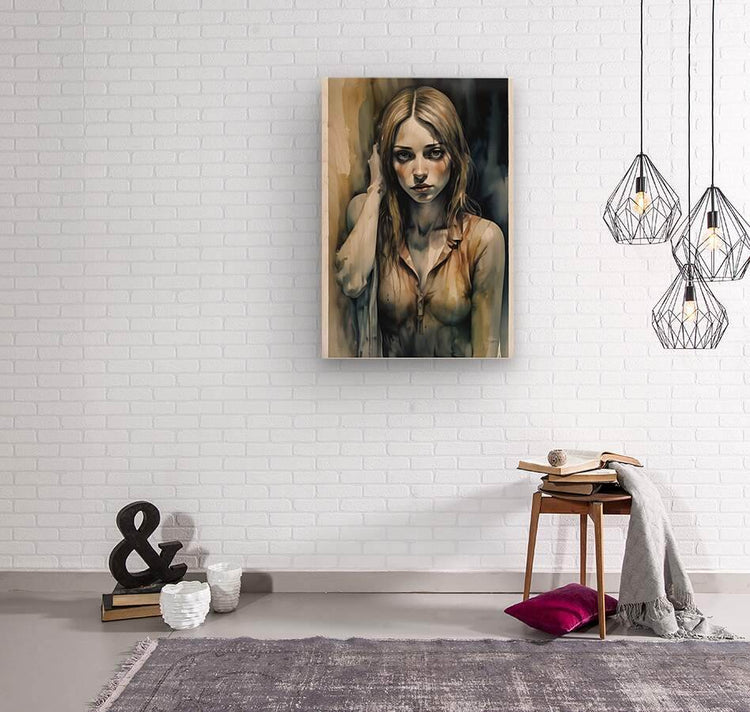 Framed watercolor portrait print of a blonde woman, head tilted down, hand by her temple.