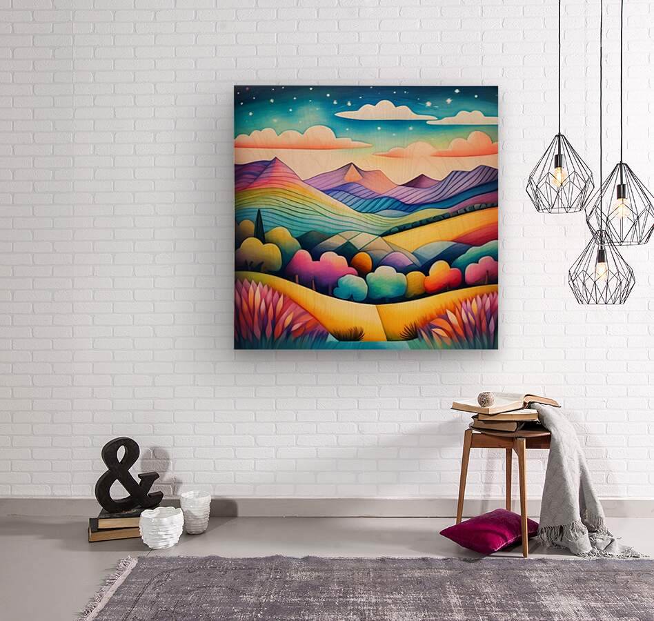 Rainbow surreal landscape artwork in a square frame with mountains, clouds, and stars