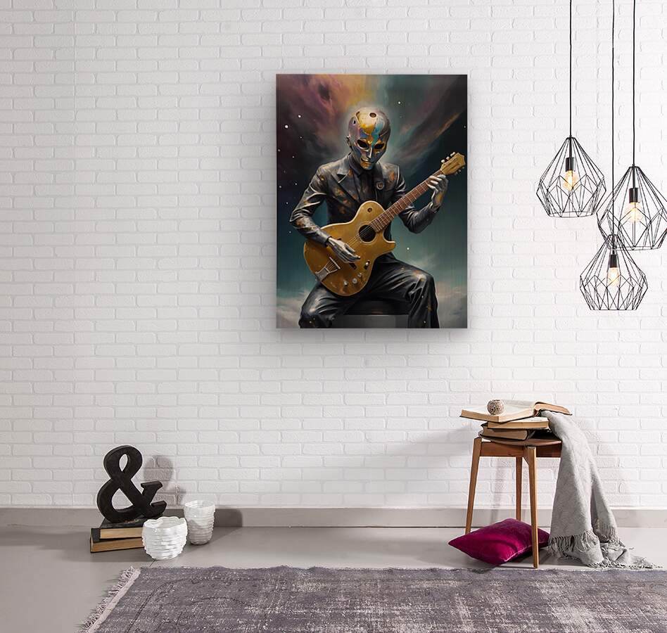 Vertical wall art print of a masked guitarist holding a gold electric guitar, cosmic background art.
