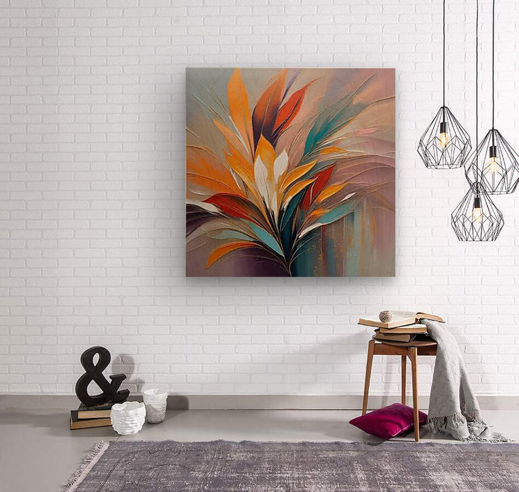 Abstract botanical wall artwork with orange, teal, and purple flowing leaf strokes.